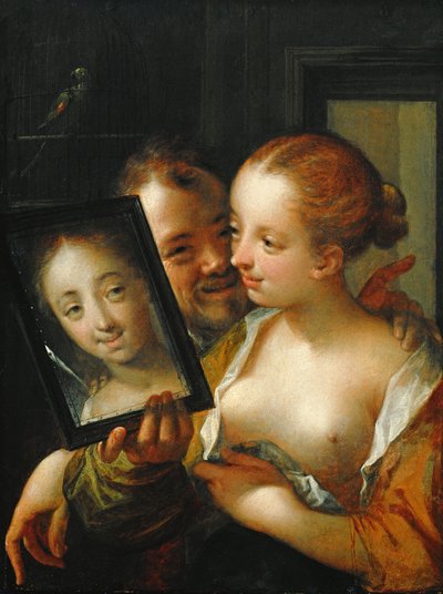 Laughing Couple with a mirror, 1596 by Hans von Aachen